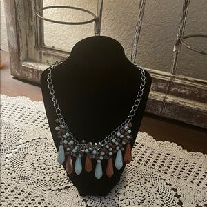 Statement Beaded Teardrop Necklace in Light Blue and Brown